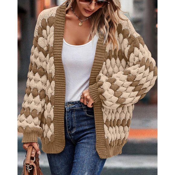 Womens Chunky Knit Cardigan Open Front Lantern Sleeve Color Block Cozy Sweater - Picture 4 of 6